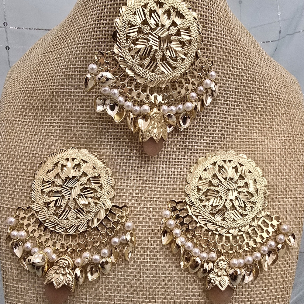 Gold and White Earrings with Floral Design and Dangling Elements